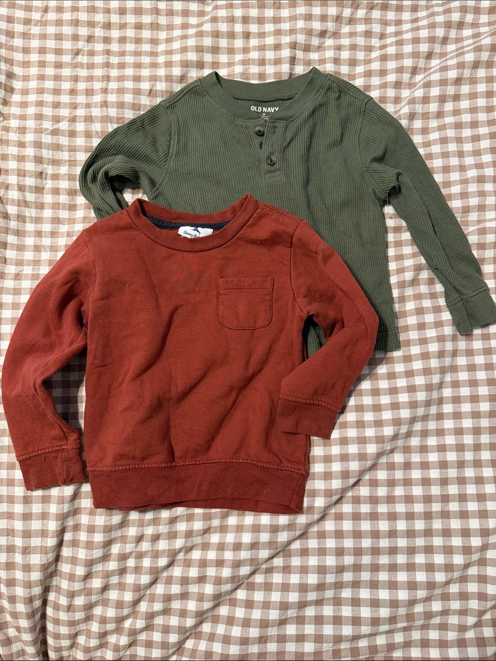 Old Navy Kids' Long Sleeve Tops - Olive Green Henley & Rust Crewneck